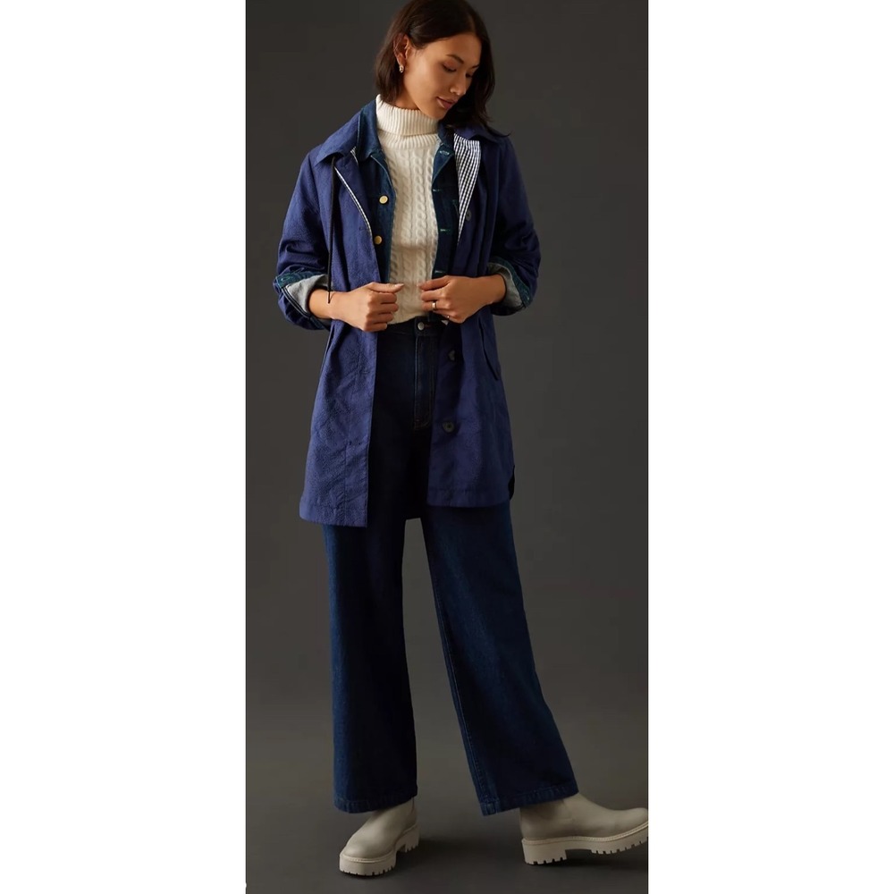 Maeve Collared Anorak Jacket Anthropologie Seersucker Size XS Navy‎ Blue